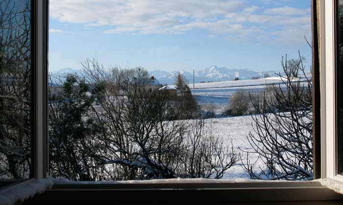 the view from our bedroom window of the Pyrenees